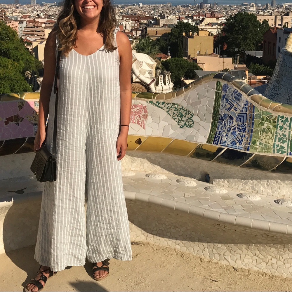 White grey striped linen wide leg overall jumpsuit
